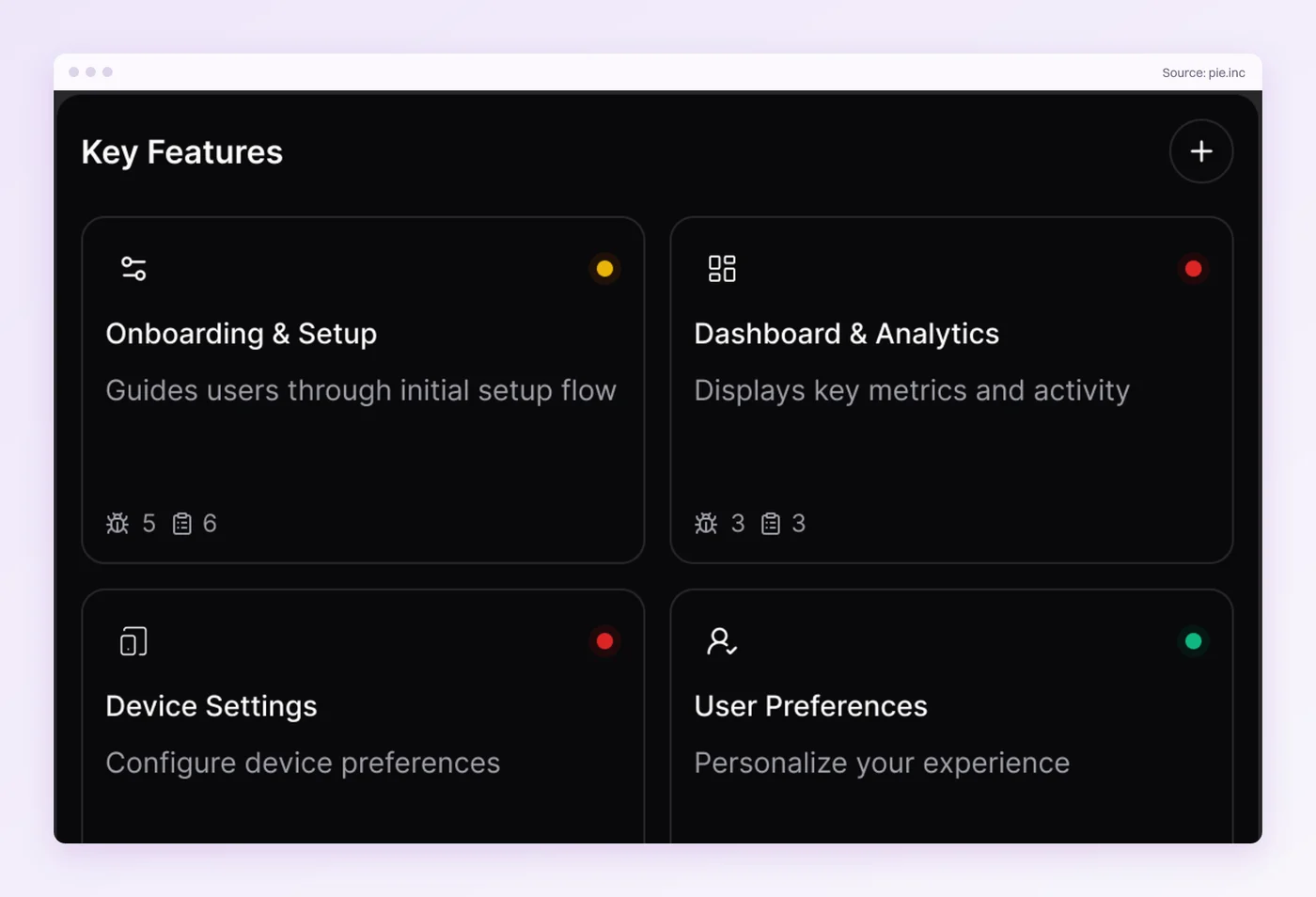 Pie Key Features view listing app features with issue and test counts