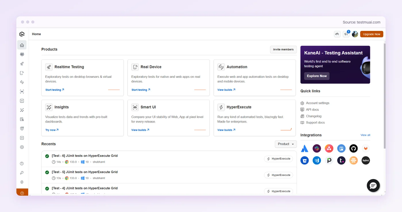 TestMu AI dashboard with grid products, KaneAI agent, and recent runs