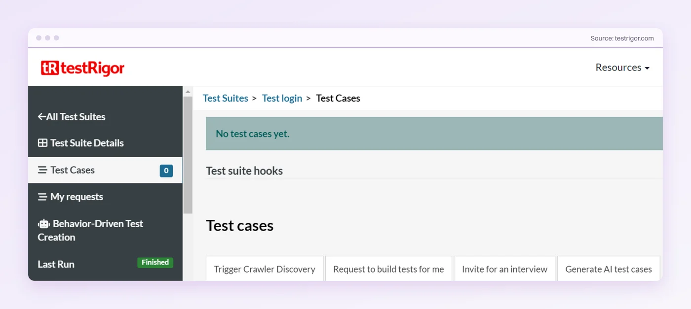 testRigor test cases screen with Trigger Crawler Discovery and Generate AI test cases buttons