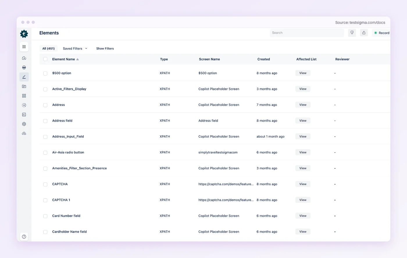 Testsigma Elements repository listing saved page elements with XPath locator types