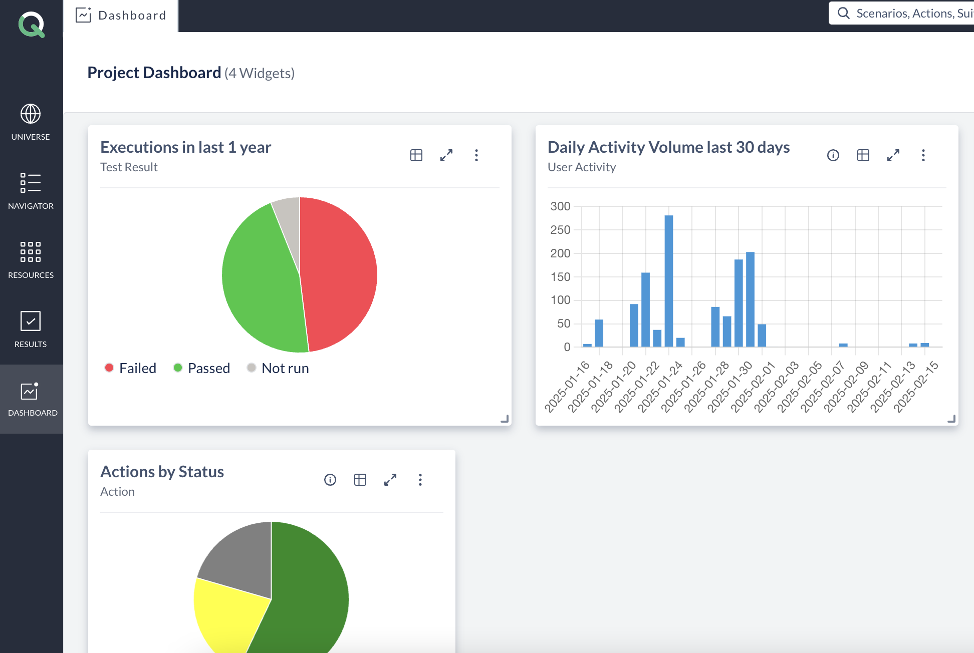ACCELQ dashboard showing test suite execution, AI-powered test management, and enterprise automation interface