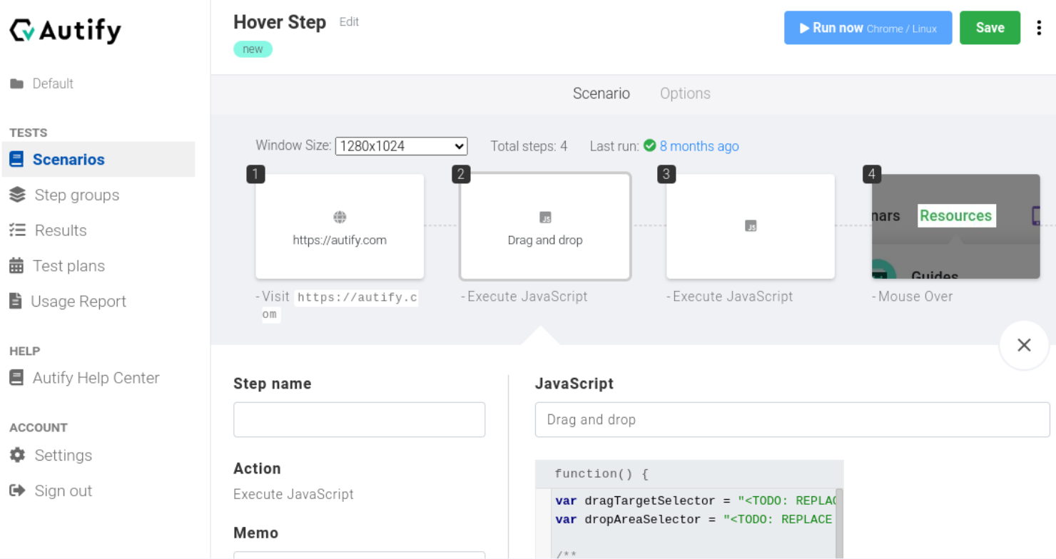 Autify NoCode scenario editor showing a four-step recorded test that visits autify.com, runs two JavaScript steps and a mouse-over, with a step detail panel containing a JavaScript snippet that declares drag target and drop area selector variables