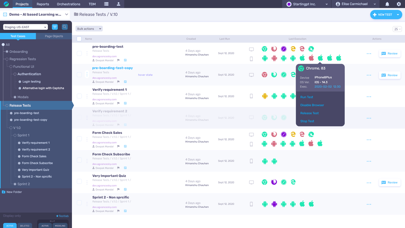 Functionize project tree view with a folder tree of test cases on the left, covering Onboarding, Regression Tests, Functional UI, Authentication, and Release Tests, and a Release Tests list on the right showing each test's created date, last run, and last-execution icons for Chrome, Firefox, Edge, Safari, Android, and iOS, with a hover card for Chrome 83 on an iPhone 8 Plus running iOS 14.3