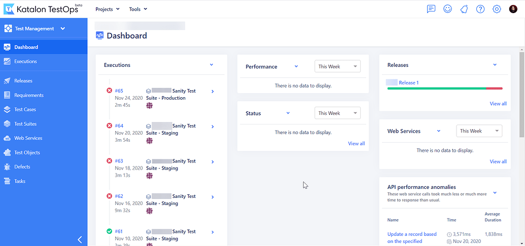 Katalon Studio dashboard showing test case management and execution interface
