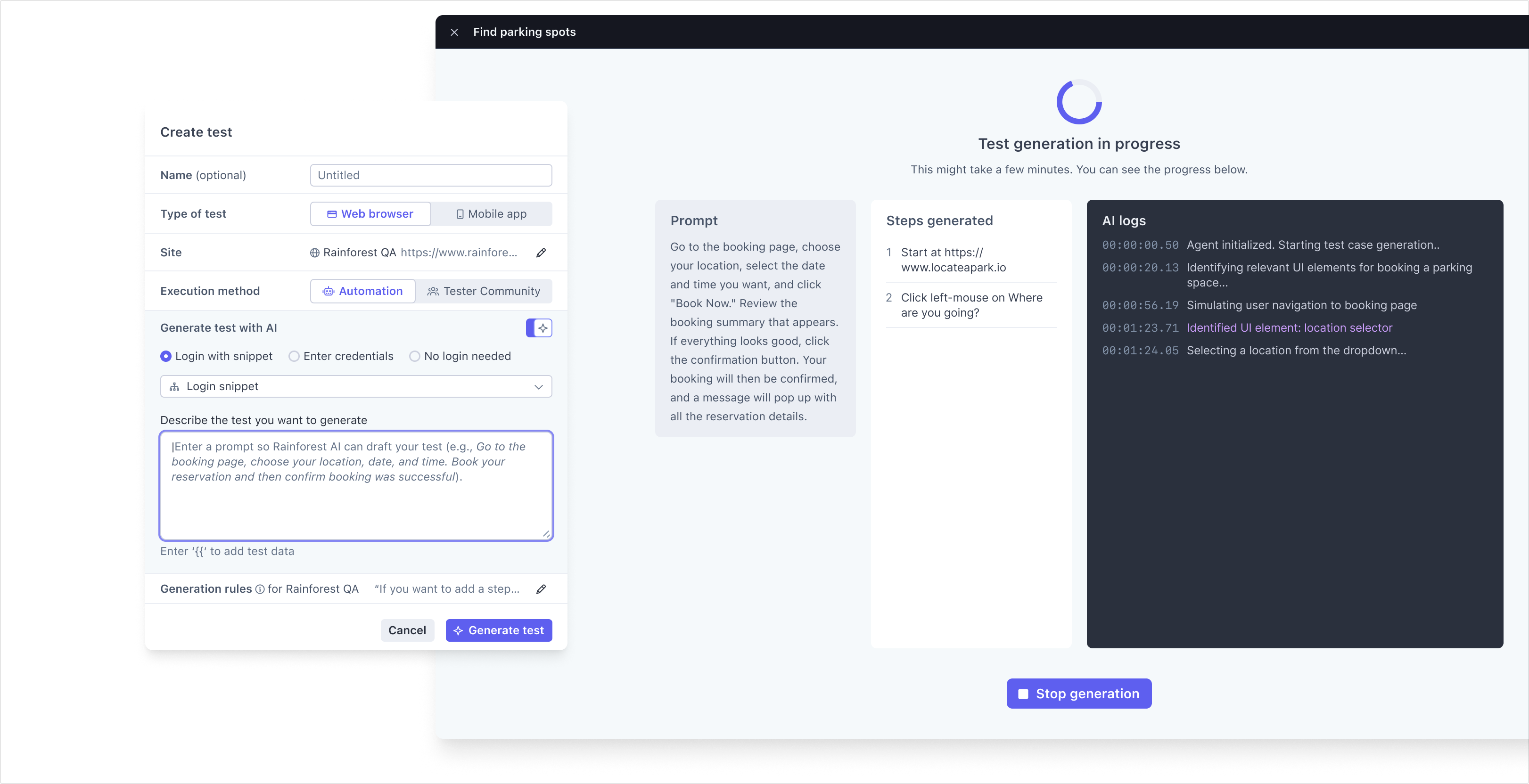 Rainforest QA create-test panel generating a test from a plain-language prompt with an AI toggle, beside a live view of the generated steps and AI logs