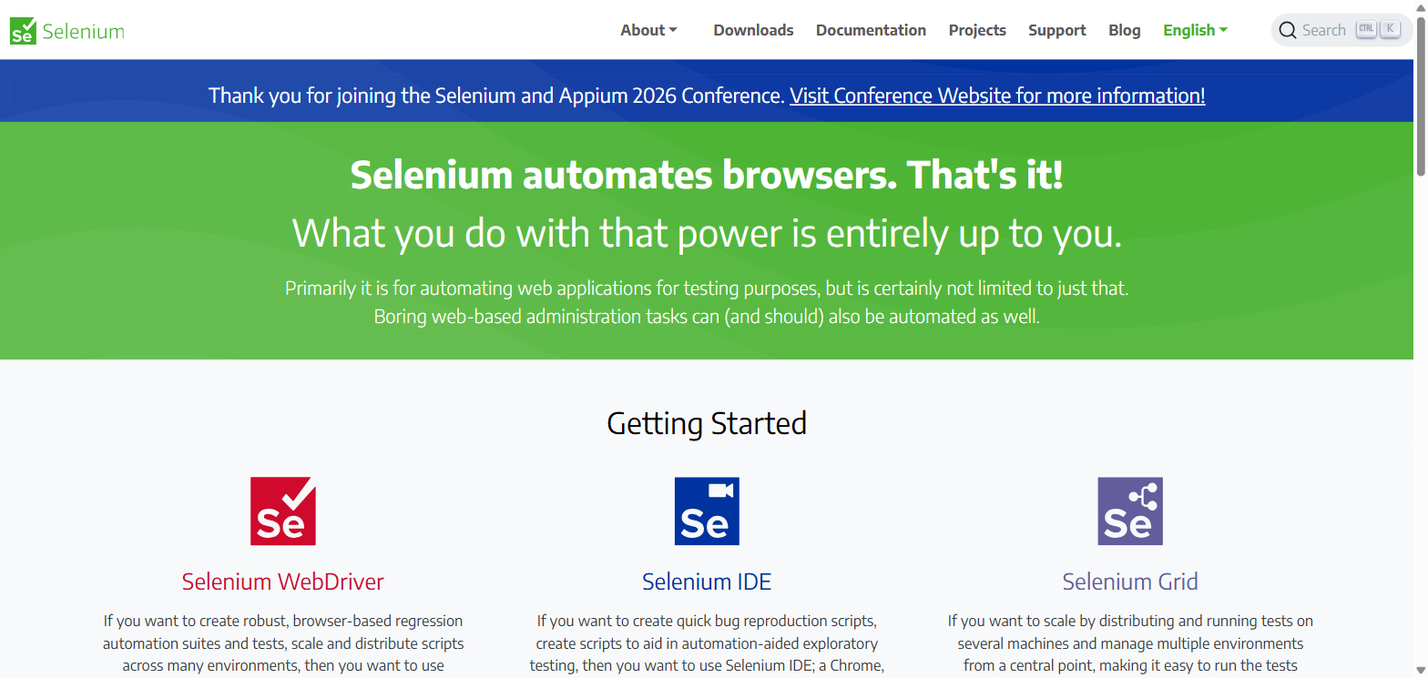 Selenium's homepage, headlined Selenium automates browsers, that's it, with the line what you do with that power is entirely up to you, above a Getting Started row offering WebDriver, IDE, and Grid as three separate pieces