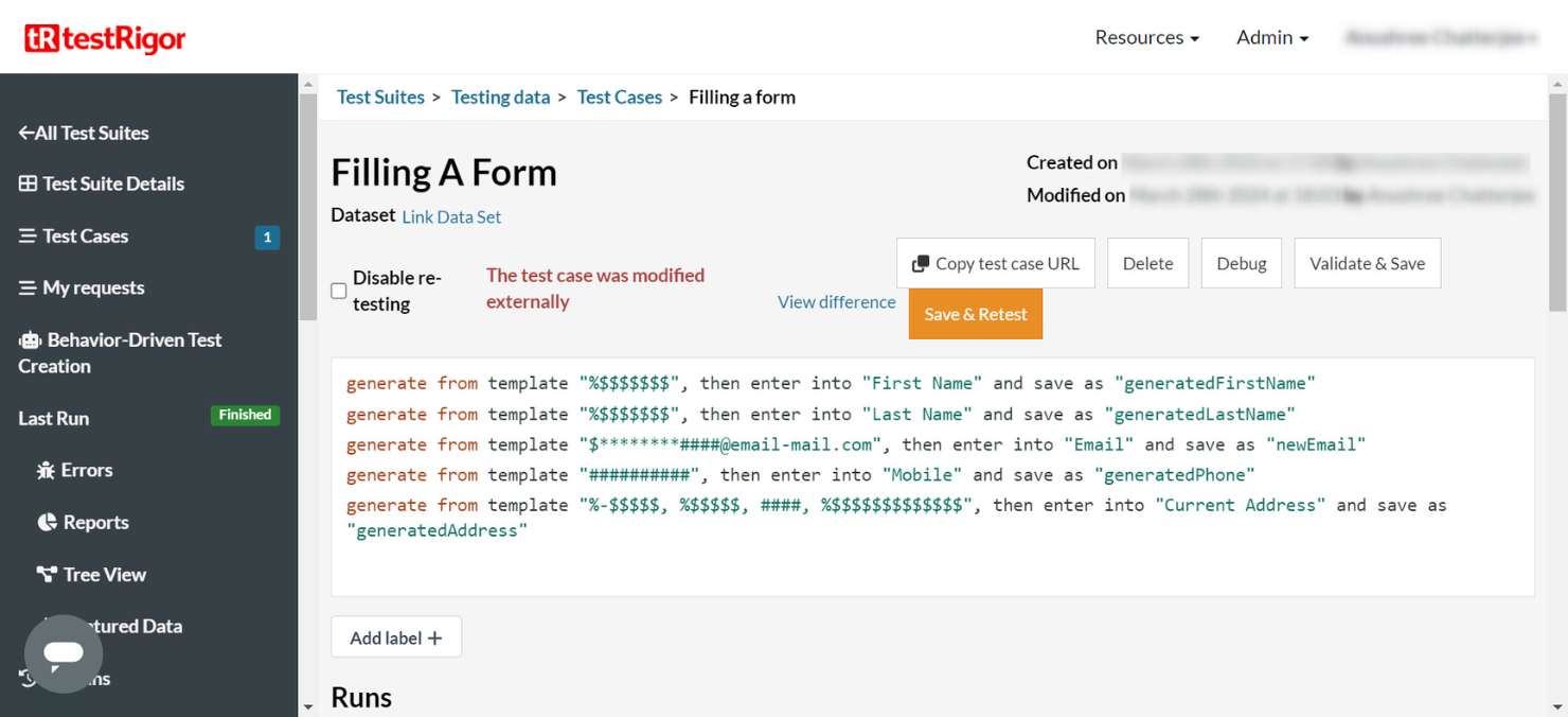 testRigor test case editor showing a test named Filling A Form whose steps are written as plain English sentences that generate a value from a template and enter it into the First Name, Last Name, Email, Mobile and Current Address fields
