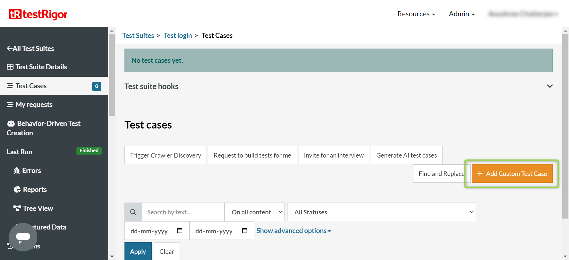 The Test Cases screen of a testRigor test suite named Test login, showing an empty state that reads No test cases yet, with authoring options across the top for Trigger Crawler Discovery, Request to build tests for me, Invite for an interview, Generate AI test cases, and a highlighted Add Custom Test Case button