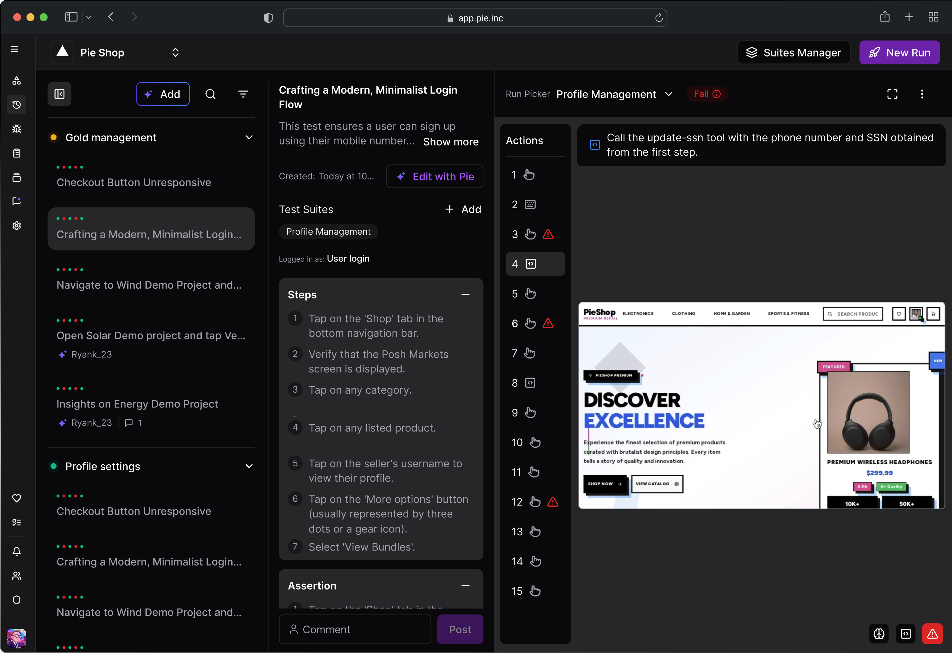 Pie test case management showing approval workflow with Approved and Rejected status labels